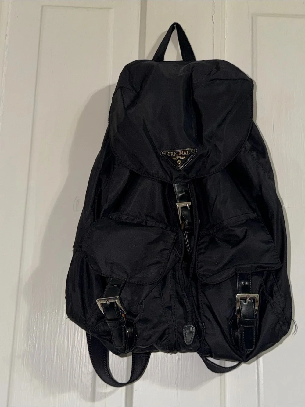 Black Nylon Backpack purse with Front Buckle Pockets travel 11x5x12